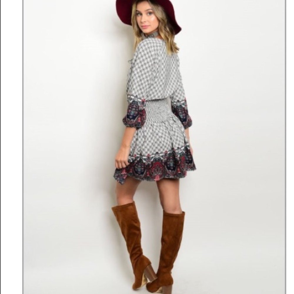 Plaid Hippie Boho Spring dress  3/4 sleeve